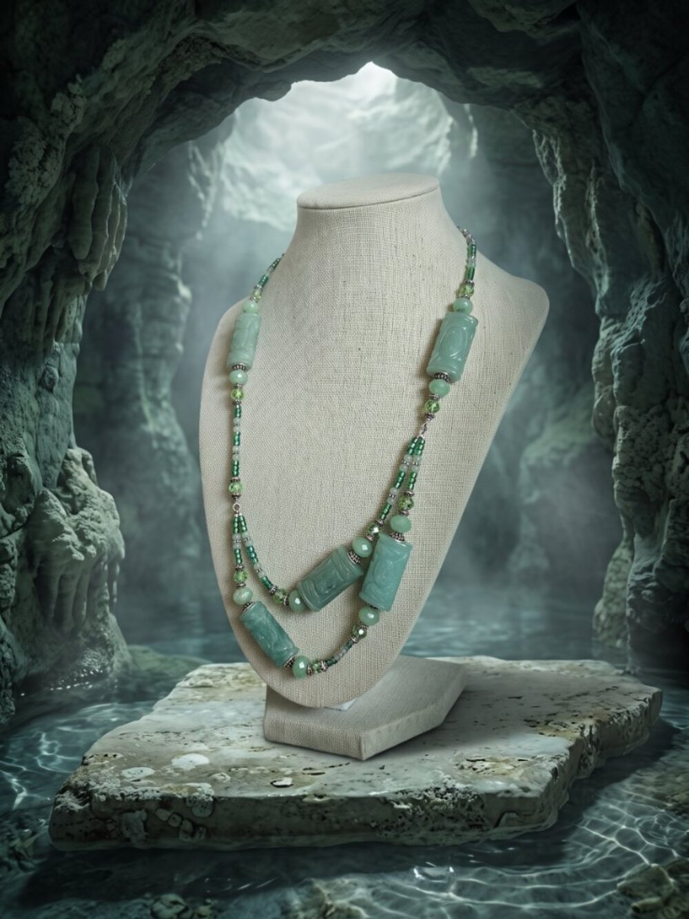 JB Originals - "Tideborn" - Vintage Green Jade & Glass Necklace Earrings Set - Picture 10 of 15